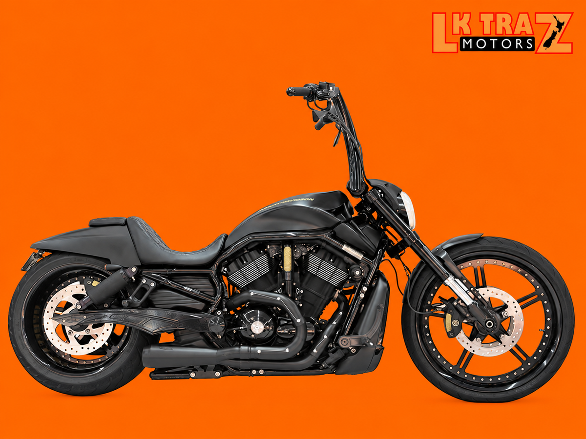 Trask Assault 2-Into-1 Exhaust – Black – V-Rod 2007–2017 on orange background with LKTRAZ logo