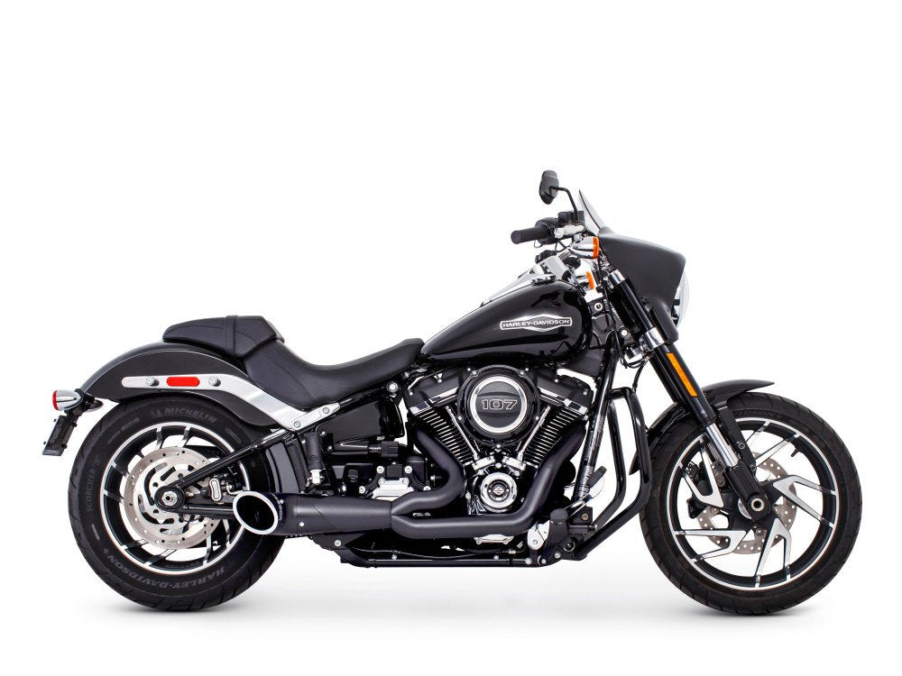 Turnout 2-Into-1 Exhaust With Black Finish & Contrast Cut Black End Cap. Fits Softail 2018up.