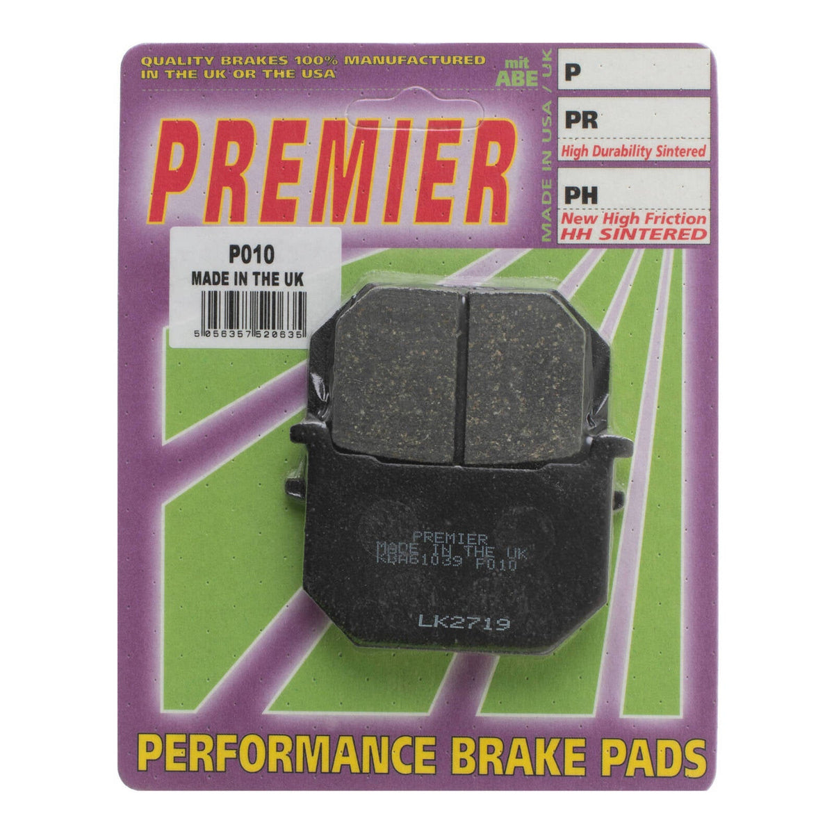Premier PBP10 / P010 organic brake pad set in retail packaging