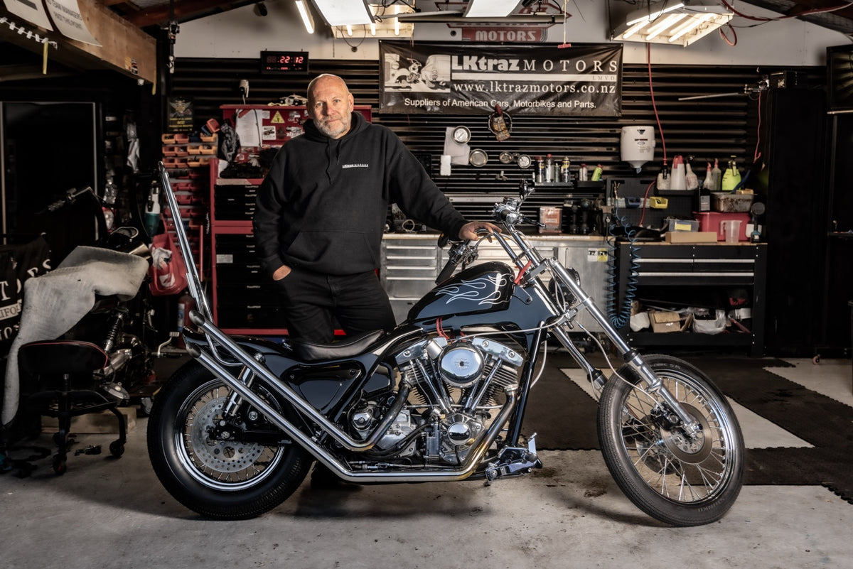 Two LKTRAZ custom motorcycles in the shed