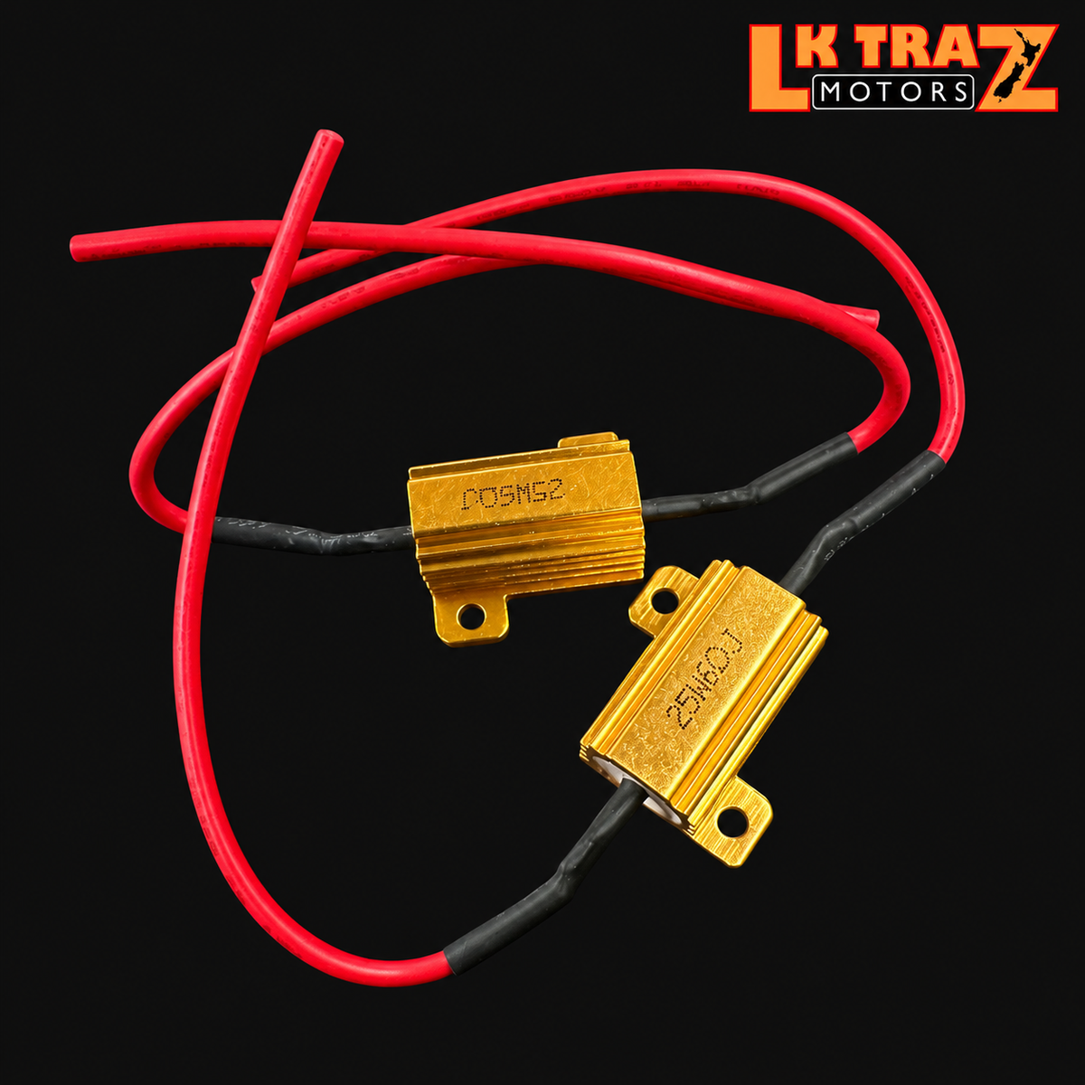 Gold hyper-flash resistor pair with red wires on black background with LKTRAZ logo