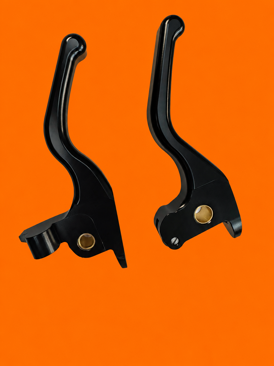 Black three-finger brake and clutch lever pair for Harley-Davidson V-Rod on orange background